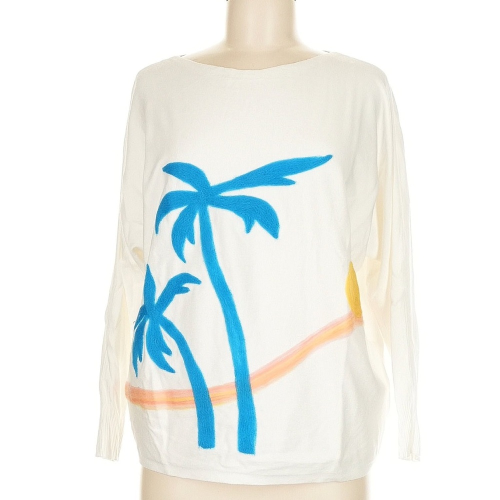 White Long Sleeve Top/Thin Sweater with Blue Palm Tree Design